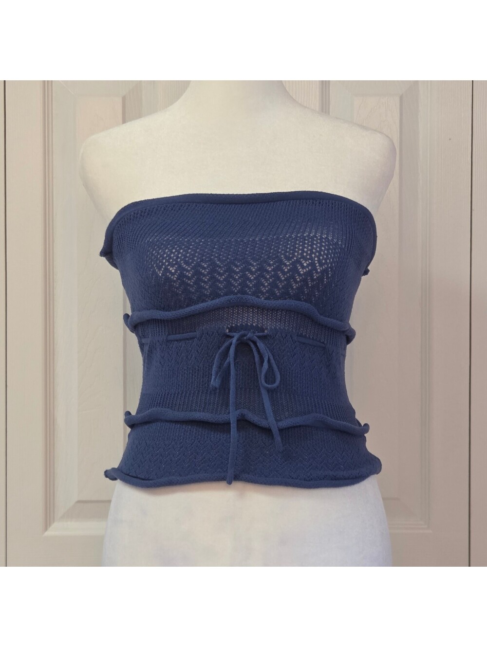 Navy Blue Strapless Crochet Babydoll Tube Top Size S Y2K Boho Beach Cover Up
